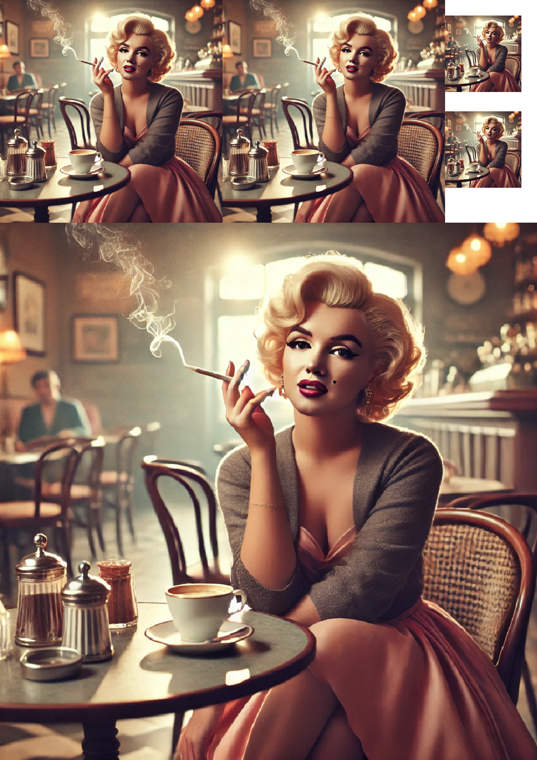 Rice Paper for Decoupage Marilyn Monroe Drinks Coffee Collage Cat. No. 1343