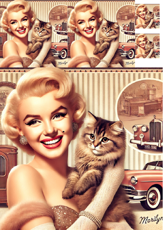 Rice Paper for Decoupage Marilyn Monroe Holding a Cat Collage Cat. No. 1341