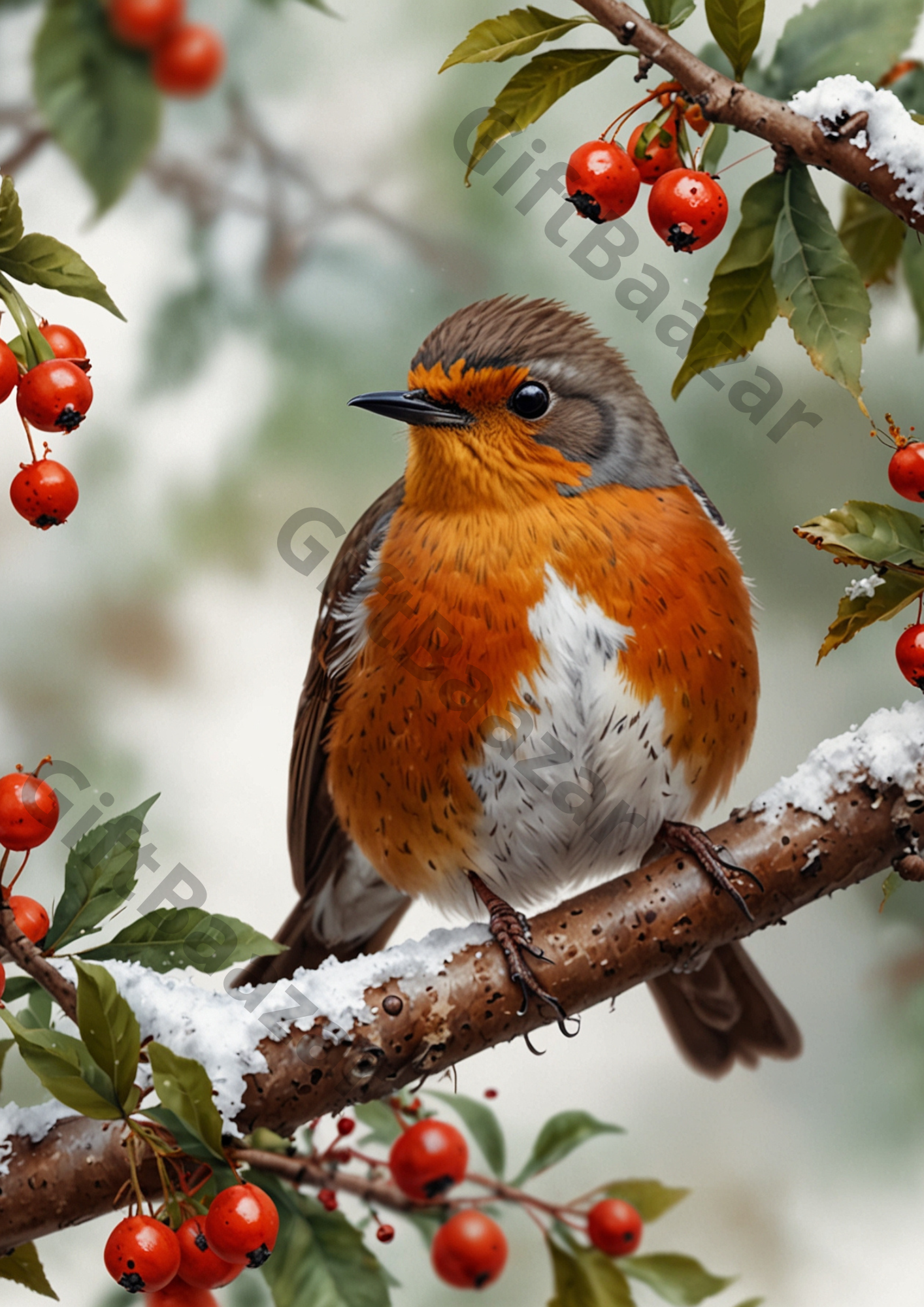 Rice Paper For Decoupage Red Robin On Hawthorn Branch Collage Cat. No. 5245