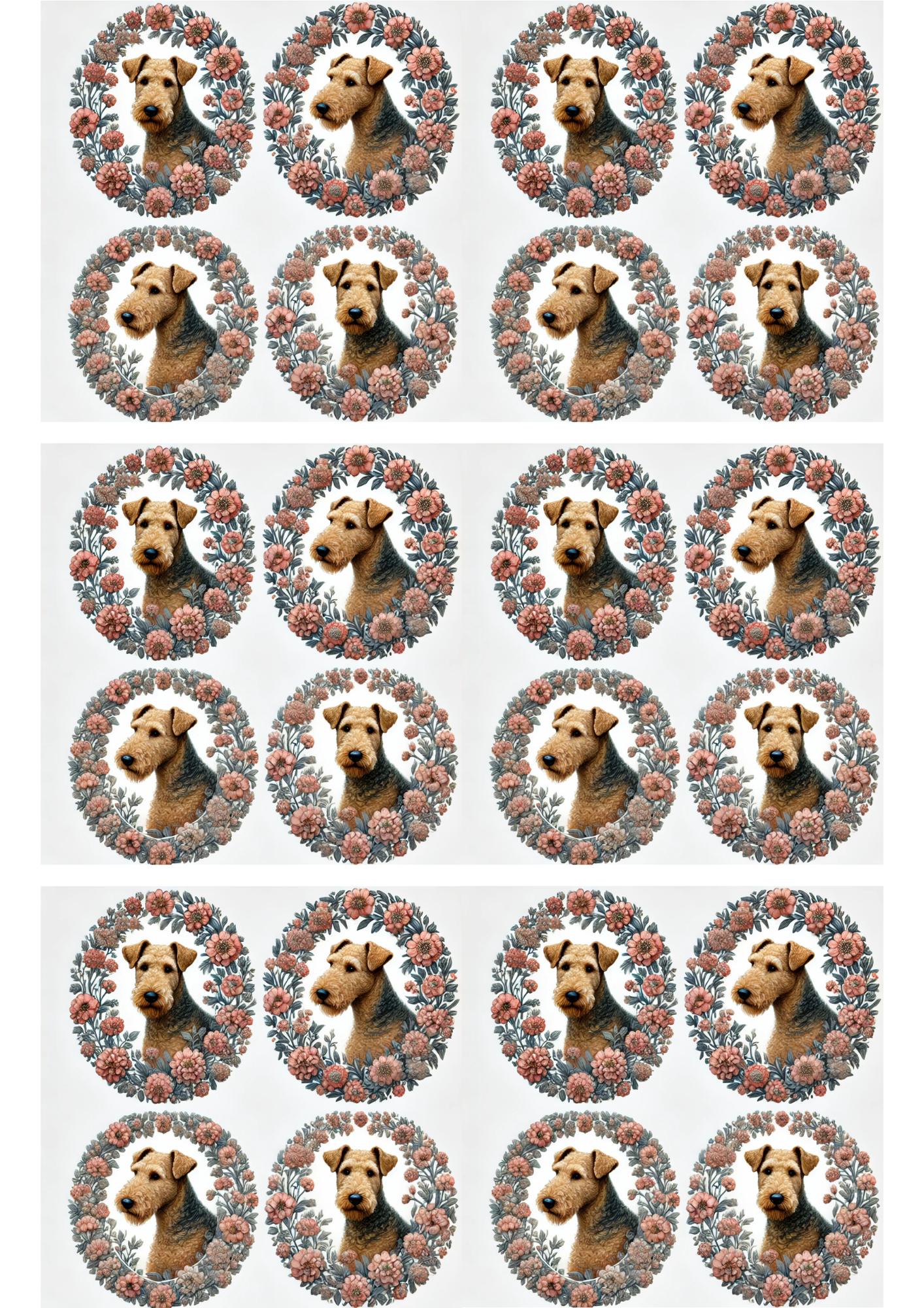 Rice Paper For Decoupage Airedale Terrier Floral In Ovals Collage Cat. No. 2937