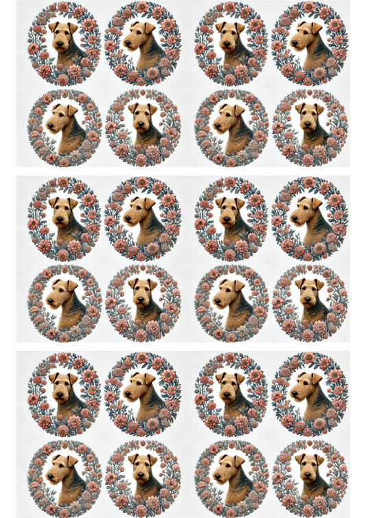 Rice Paper For Decoupage Airedale Terrier Floral In Ovals Collage Cat. No. 2937