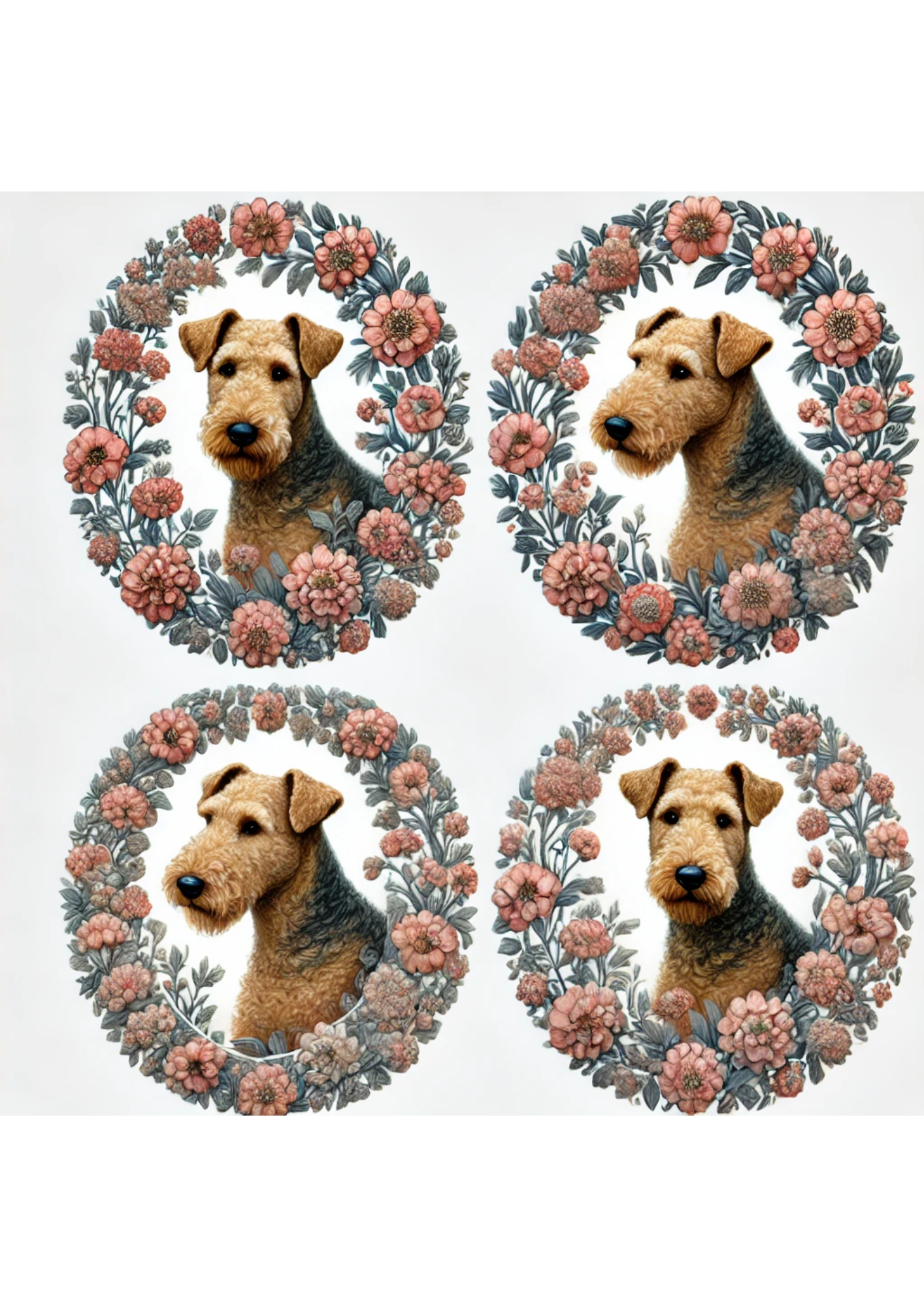 Rice Paper For Decoupage Airedale Terrier Floral In Ovals Full Cat. No. 2938