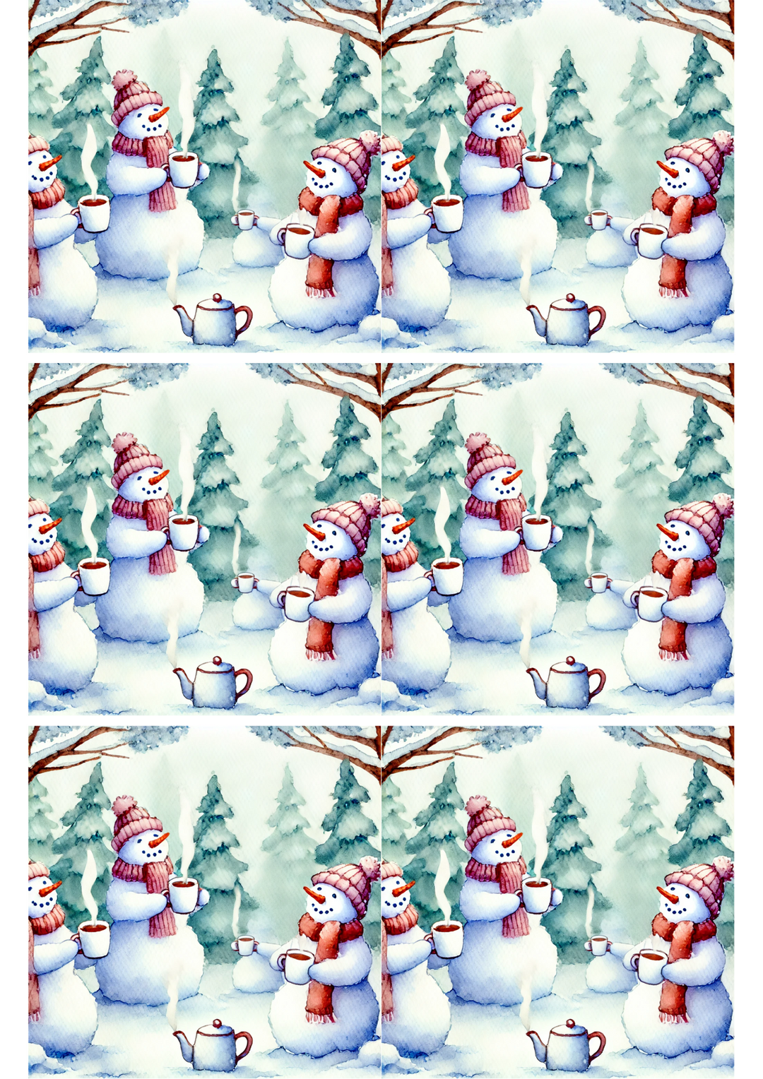 Rice Paper for Decoupage Snowmen Are Drinking Tea Collage Cat. No. 1740