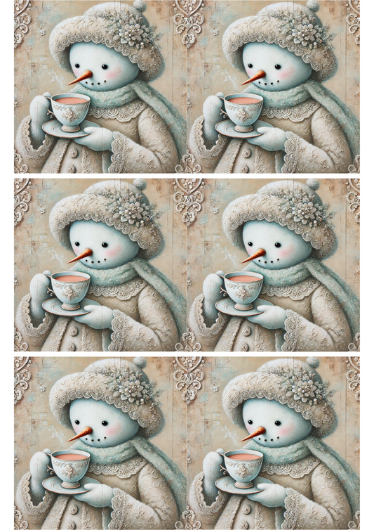 Rice Paper for Decoupage Snowman Is Drinking Tea Collage Cat. No. 1746