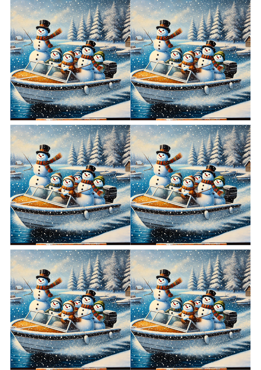 Rice Paper for Decoupage Snowmen On A Motorboat Collage Cat. No. 1754