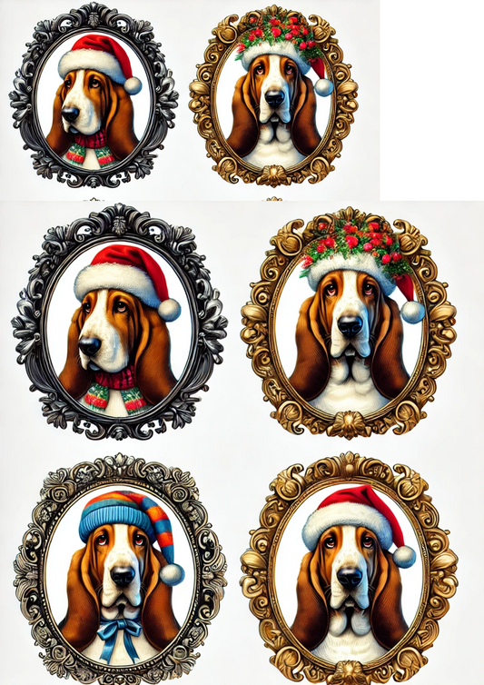 Rice Paper For Decoupage Basset Hound In Christmas Hat Full Cat. No. 2950