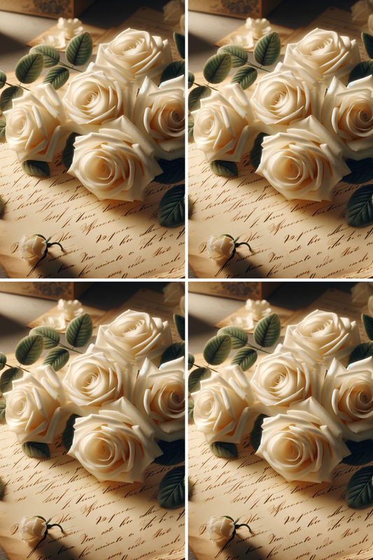 Papel de arroz para decoupage Collage de rosas blancas sobre letras antiguas Cat. No. 1252