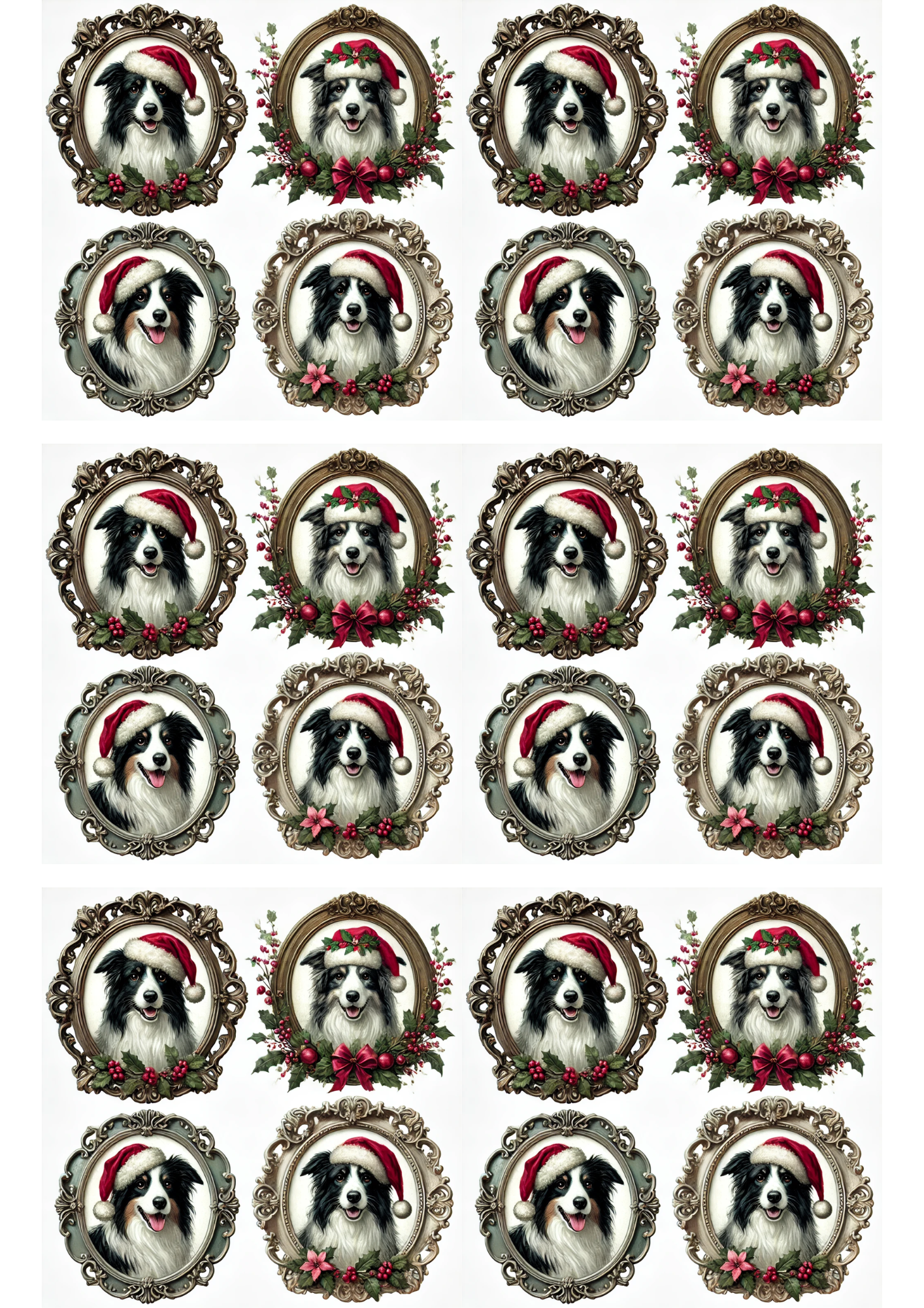 Collage de Border Collie con gorro navideño en óvalos en papel de arroz para decoupage Cat. No. 2953