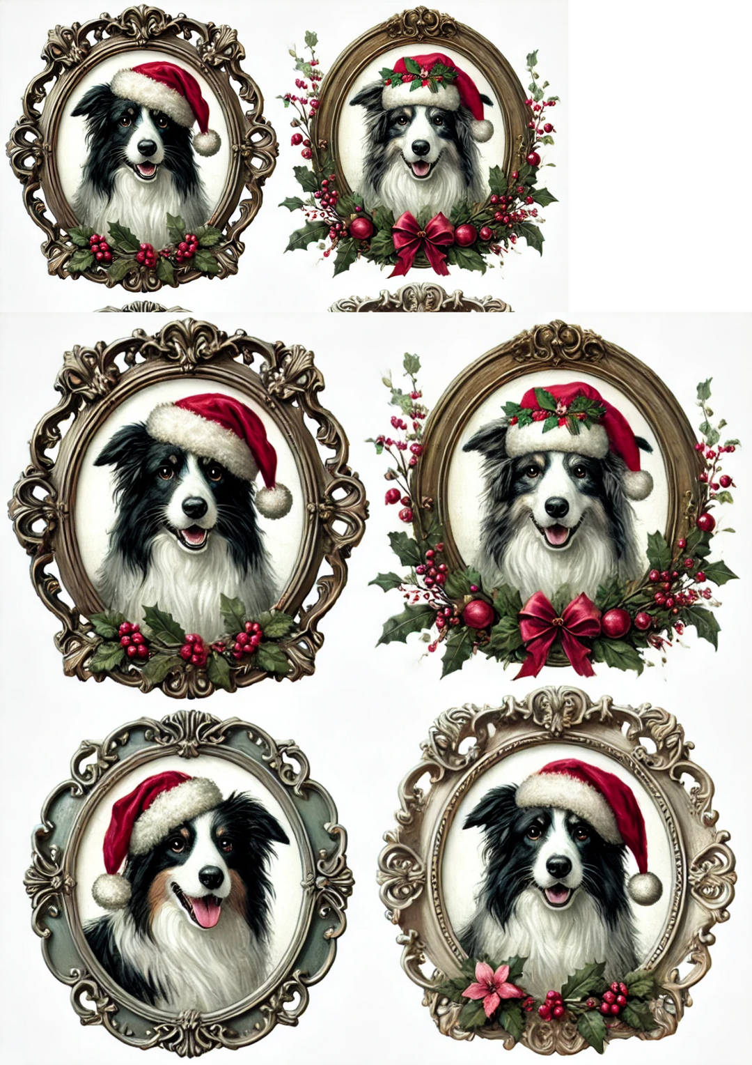 Rice Paper For Decoupage Border Collie in Christmas Hat In Ovals Full Cat. No. 2954