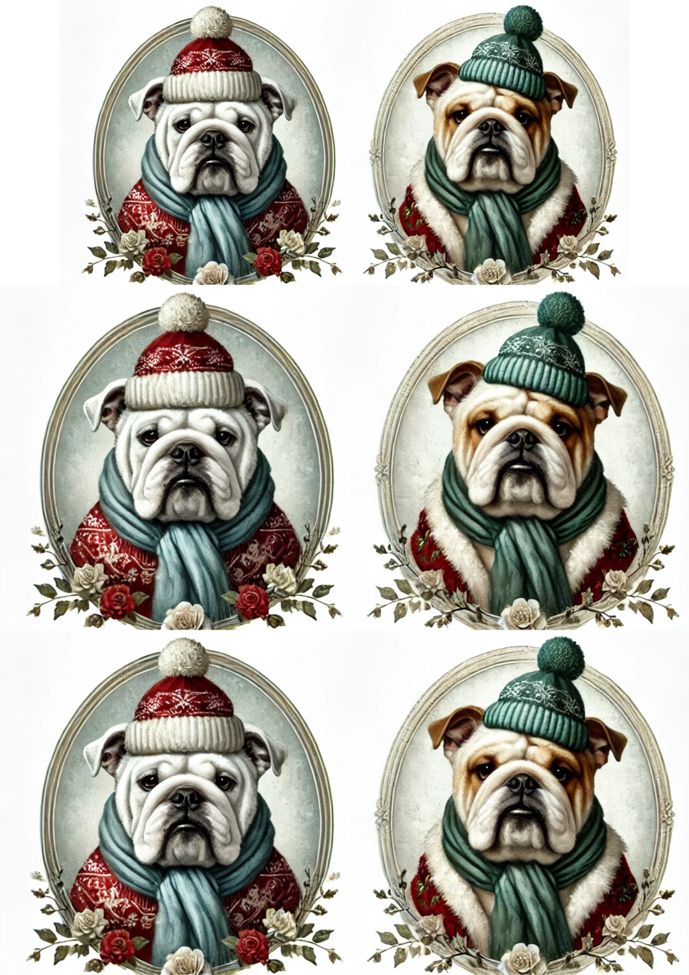 Rice Paper For Decoupage Bulldog In Christmas Hat In Ovals Full Cat. No. 2960