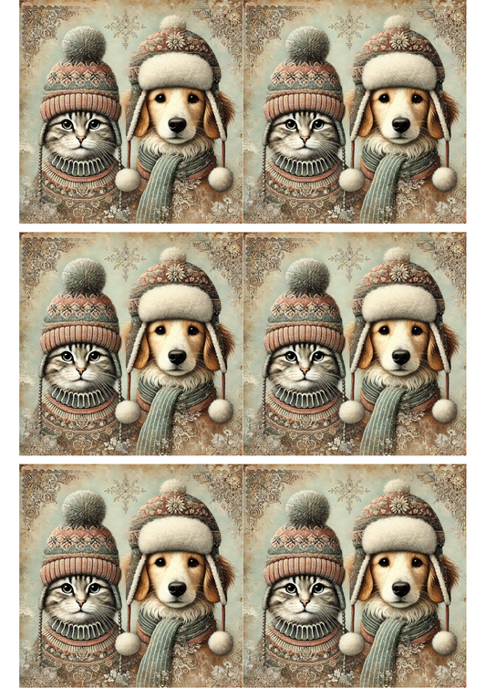 Rice Paper for Decoupage Cat and Dog in Hats Collage Cat. No. 1781