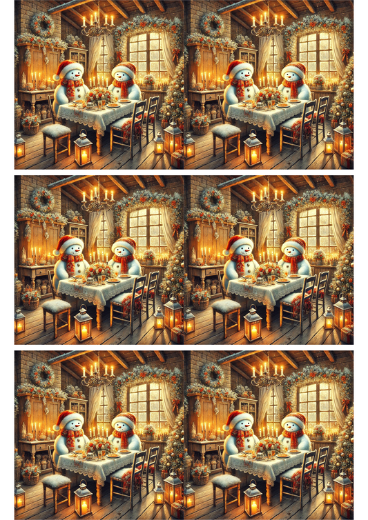 Rice Paper For Decoupage Snowmen Are Eating Christmas Dinner 2 Collage Cat. No. 2747