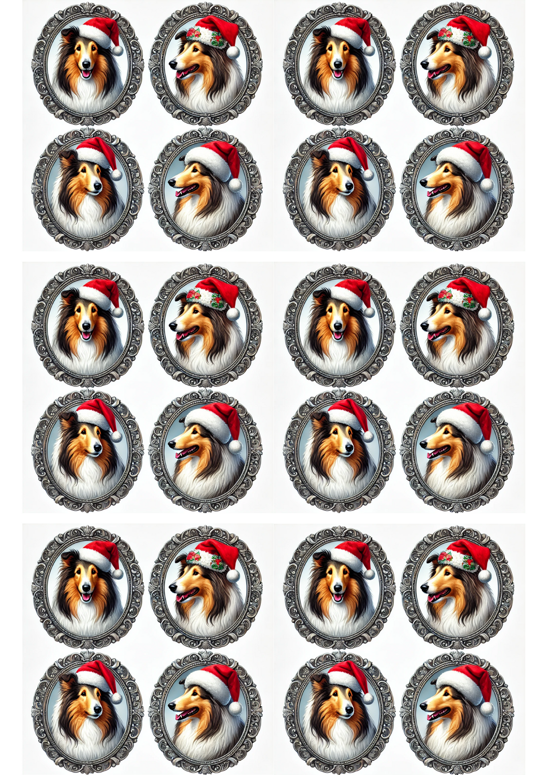 Reispapier für Decoupage-Collies in Weihnachtsmützen in Ovalen, Collage, Kat.-Nr. 2971