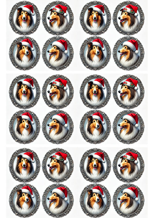 Rice Paper For Decoupage Collies In Christmas Hats In Ovals Collage Cat. No. 2971