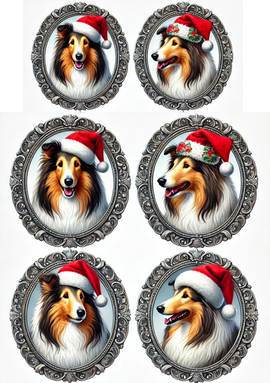 Reispapier für Decoupage Collies in Weihnachtsmützen in Ovalen, vollständige Kat.-Nr. 2972