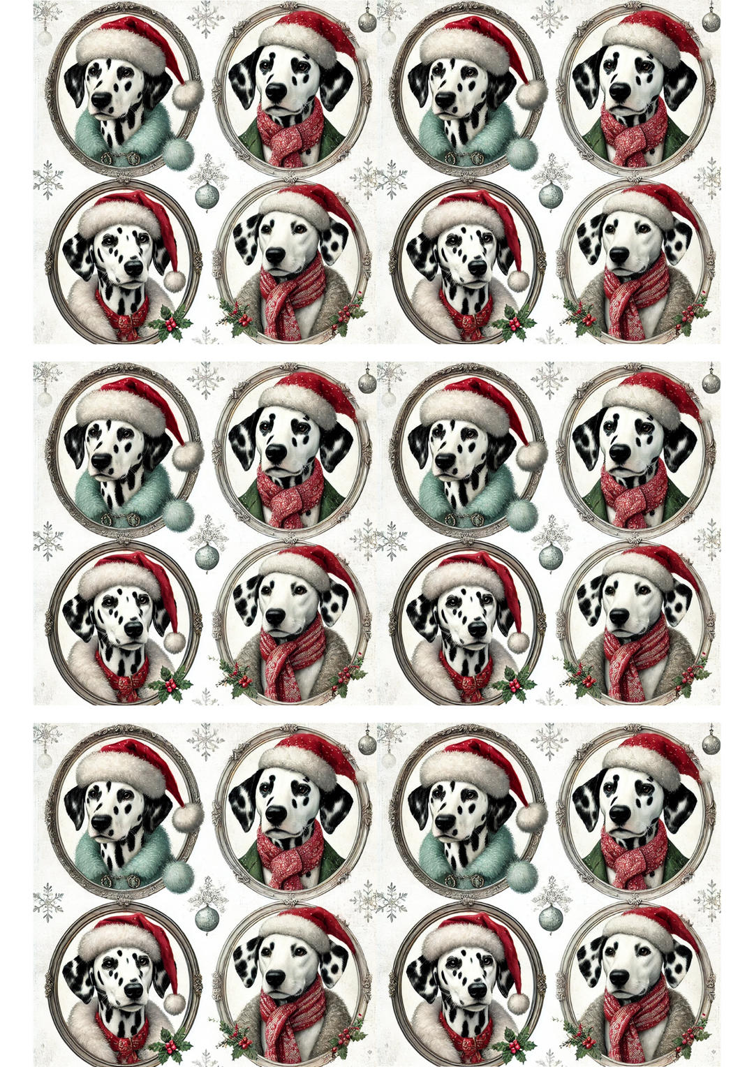 Reispapier für Decoupage-Dalmatiner in Weihnachtsmützen in Ovalen, Collage, Kat.-Nr. 2979