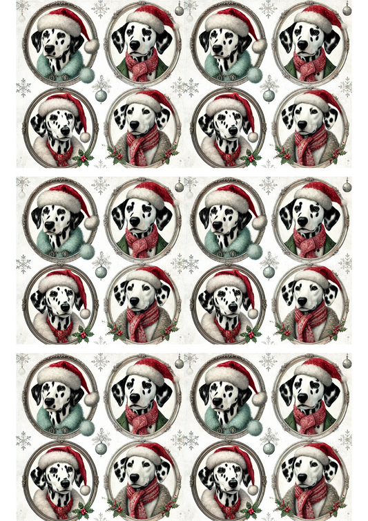 Rice Paper For Decoupage Dalmatians In Christmas Hats In Ovals Collage Cat. No. 2979