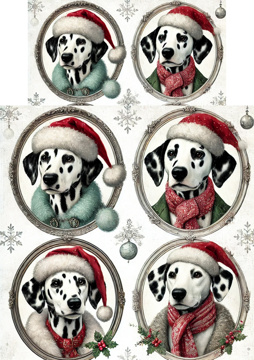 Reispapier für Decoupage Dalmatiner in Weihnachtsmützen in Ovalen Volle Kat. Nr. 2980