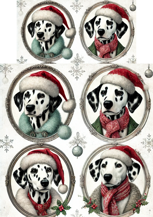 Papier de riz pour découpage Dalmatiens avec chapeaux de Noël dans des ovales Numéro de catalogue complet 2980