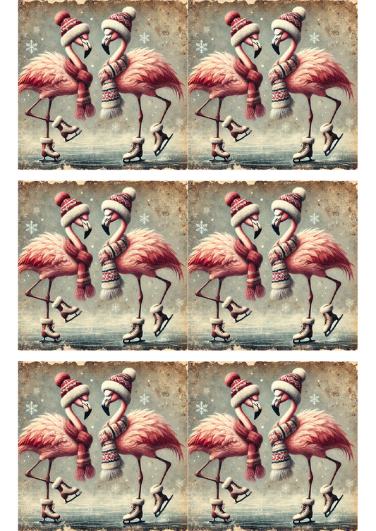 Collage de flamencos patinando en invierno con papel de arroz para decoupage Cat. No. 1674