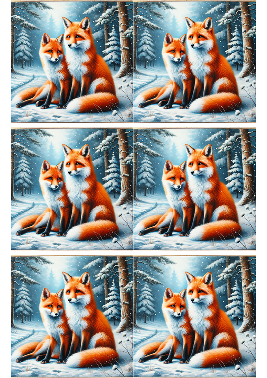 Rice Paper for Decoupage Foxes In Winter Forest Collage Cat. No. 1900