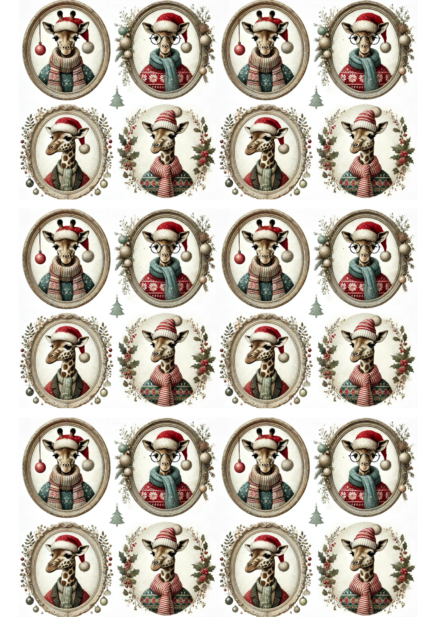 Rice Paper For Decoupage Giraffes In Christmas Hats In Ovals Collage Cat. No. 2999