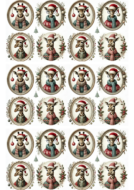 Rice Paper For Decoupage Giraffes In Christmas Hats In Ovals Collage Cat. No. 2999