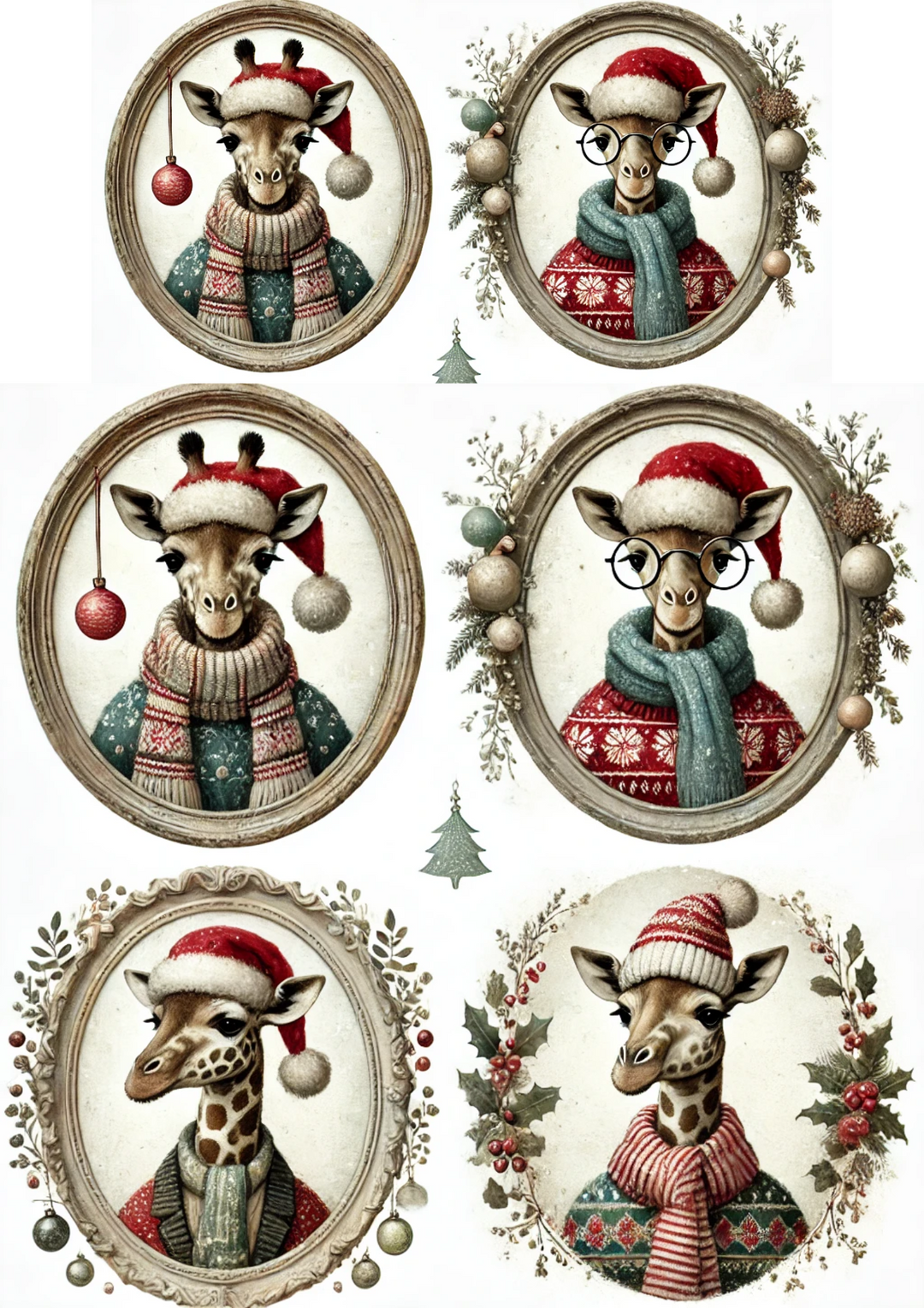 Reispapier für Decoupage Giraffen in Weihnachtsmützen in Ovalen, vollständige Kat.-Nr. 3000