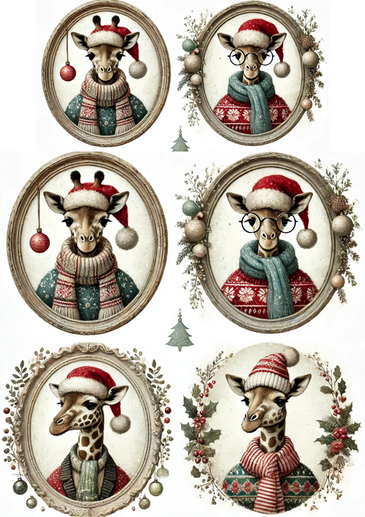 Rice Paper For Decoupage Giraffes In Christmas Hats In Ovals Full Cat. No. 3000