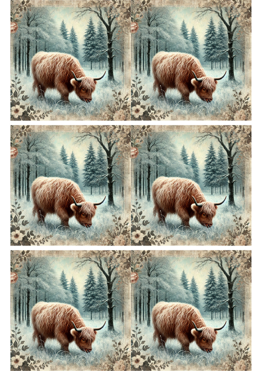 Rice Paper For Decoupage Highland Cow in Winter Collage Cat. No. 2833