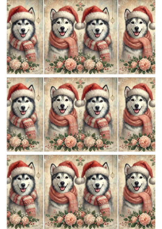 Rice Paper For Decoupage Two Huskies in Winter Schabby Chic Collage Cat. No. 2835