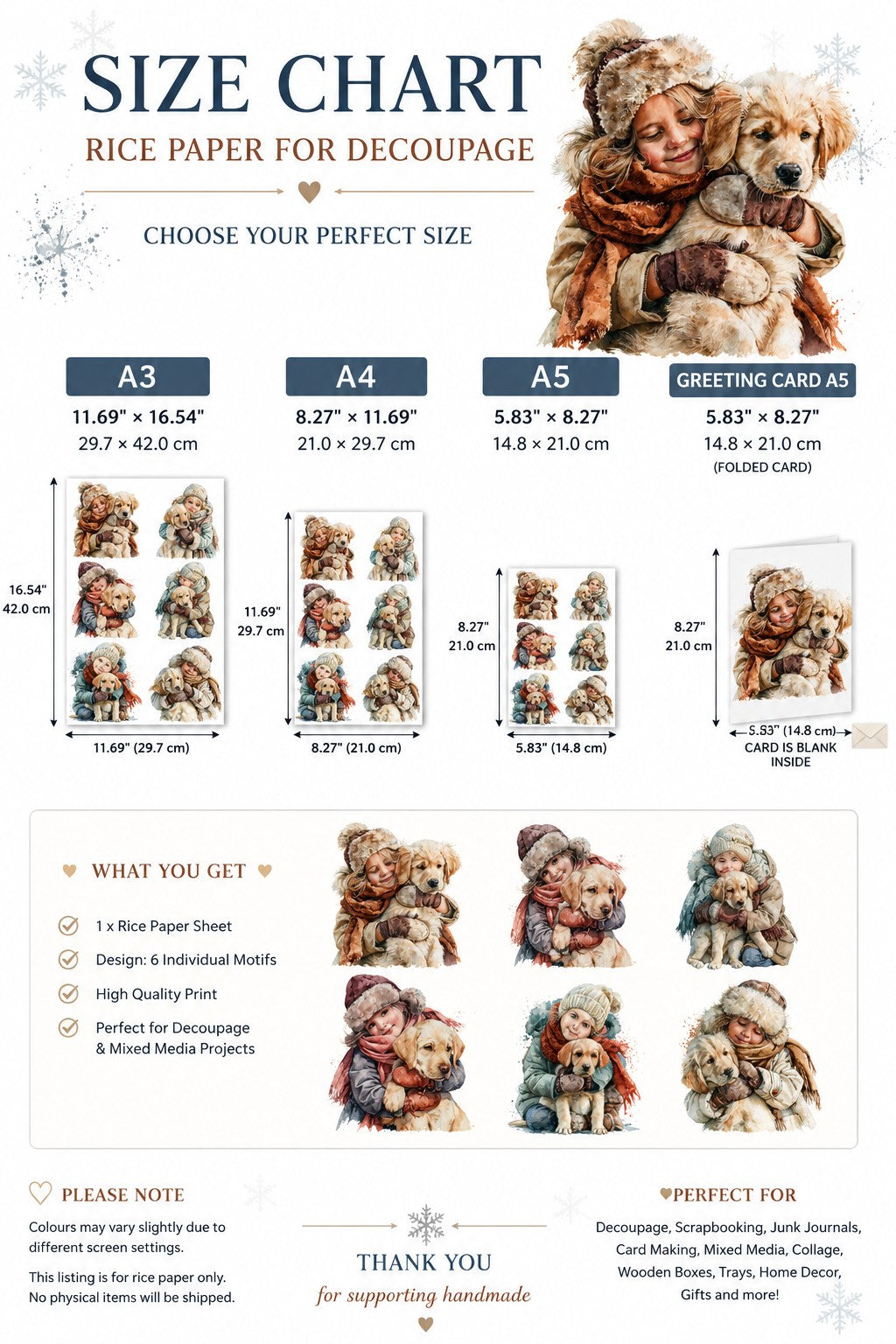 Rice Paper For Decoupage  Girl Hugging Labrador / Winter Scene Collage Cat. No. 9883