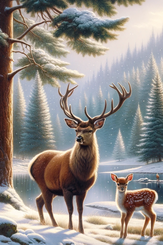 Papier de riz pour découpage Cerf et faon en hiver Cat. complet n° 564