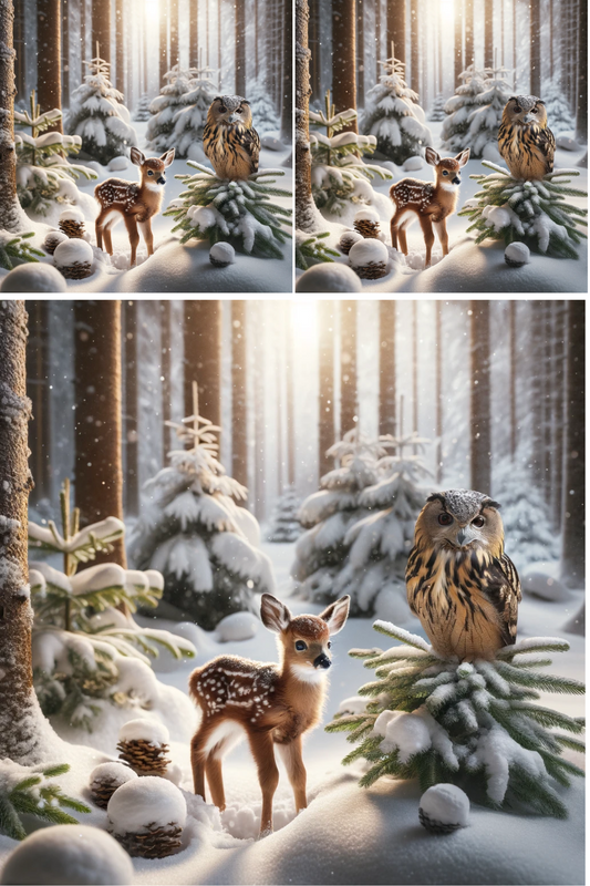 Papier de riz pour découpage Cerf et hibou grand-duc dans la forêt en hiver Collage Cat. N° 565