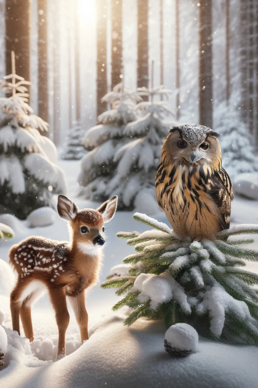 Papier de riz pour découpage Cerf et hibou grand-duc dans la forêt en hiver Cat. complet n° 566