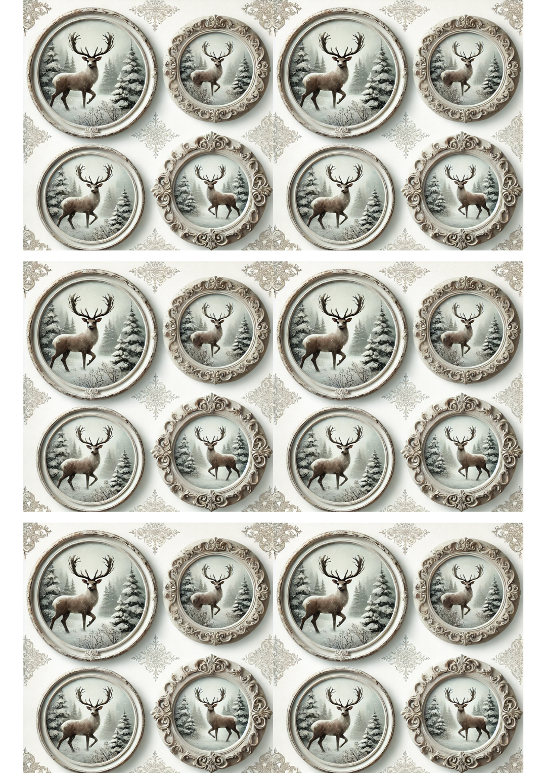 Rice Paper For Decoupage Deer In Winter Time In Round Frame Collage Cat. No. 3015