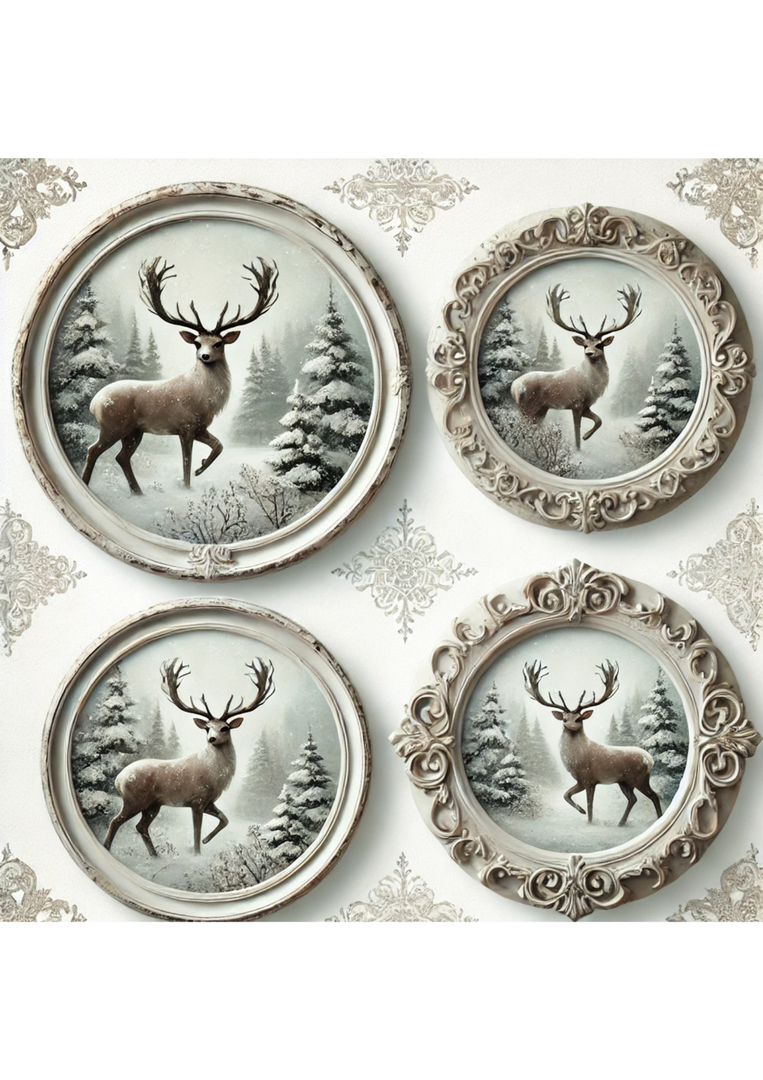 Reispapier für Decoupage, Hirsch im Winter, im runden Rahmen, vollständige Kat.-Nr. 3016