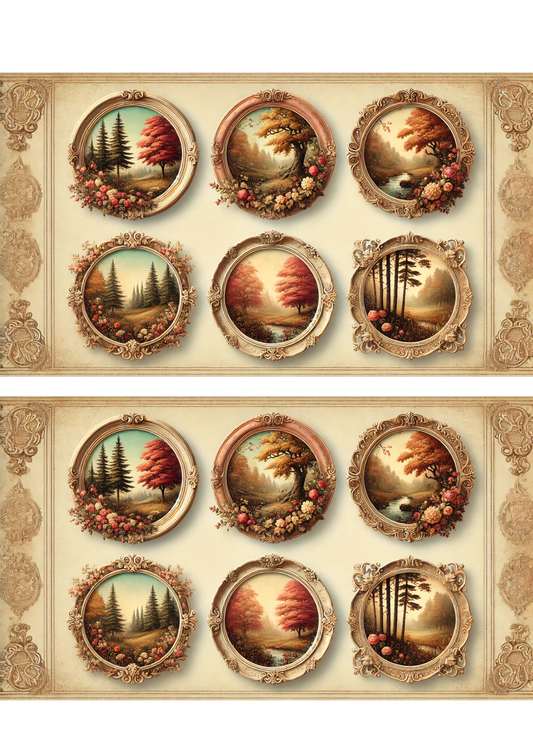 Rice Paper For Decoupage Autumn Landscapes In Round Frame Shabby Chic Collage Cat. No. 3017