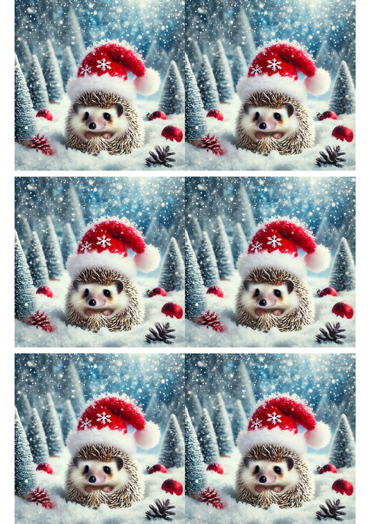 Rice Paper for Decoupage Hedgehog in Christmas Hat Collage Cat. No. 1984