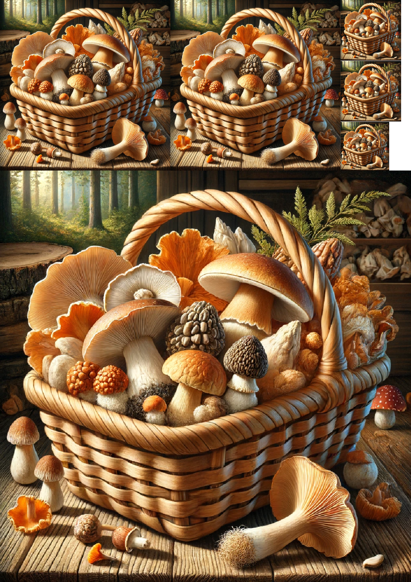 Rice Paper For Decoupage Basket Full Of Various Mushrooms Collage Cat. No. 1196