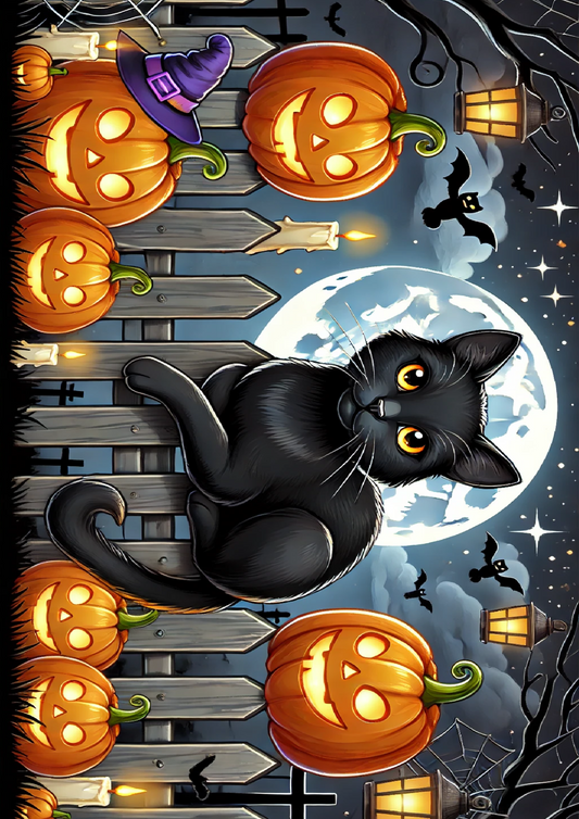 Papel de arroz para decoupage Gato de Halloween en valla y calabazas Gato completo N.º 1613