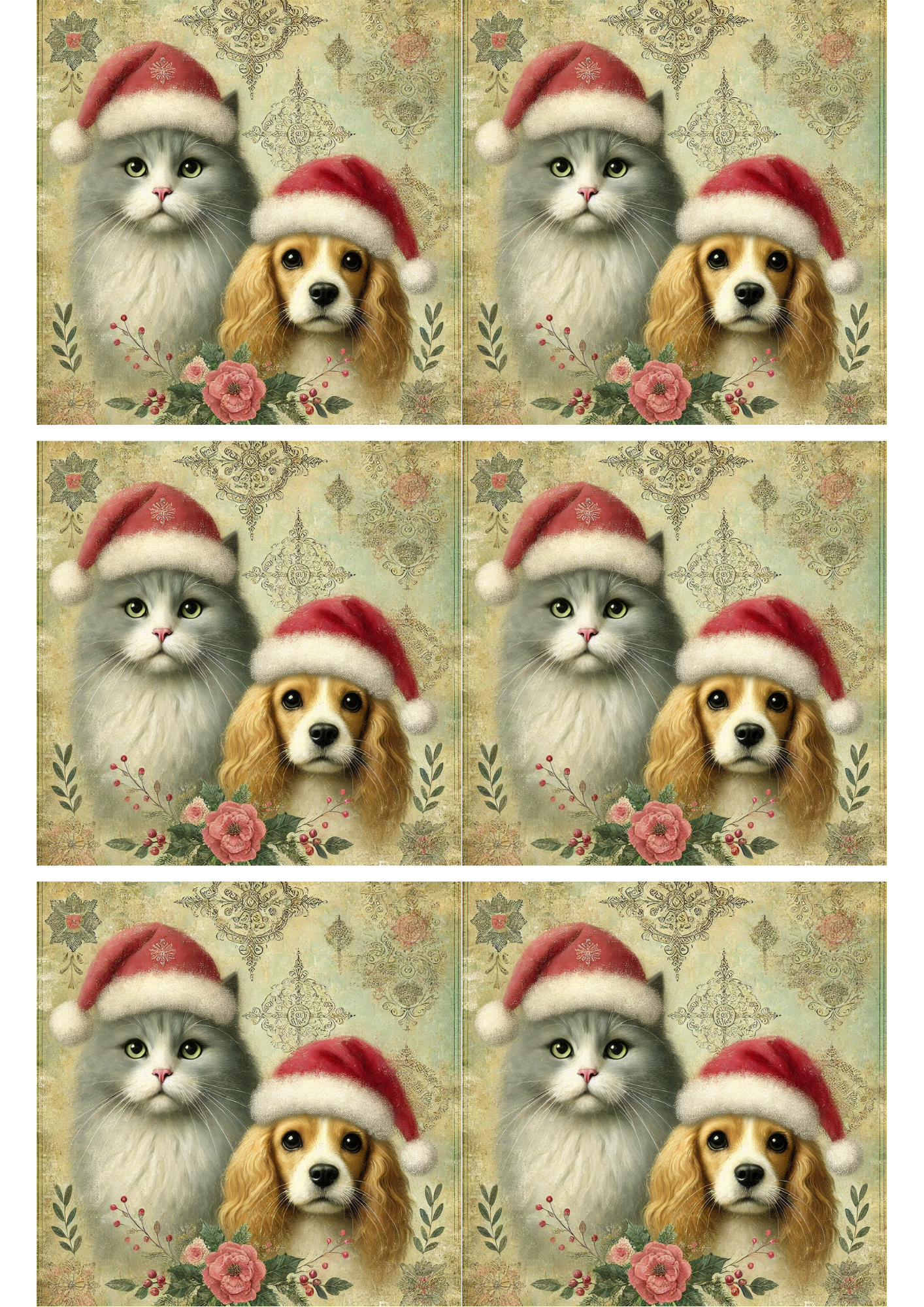 Rice Paper for Decoupage Cat and Dog in Christmas Hats Collage Cat. No. 2030