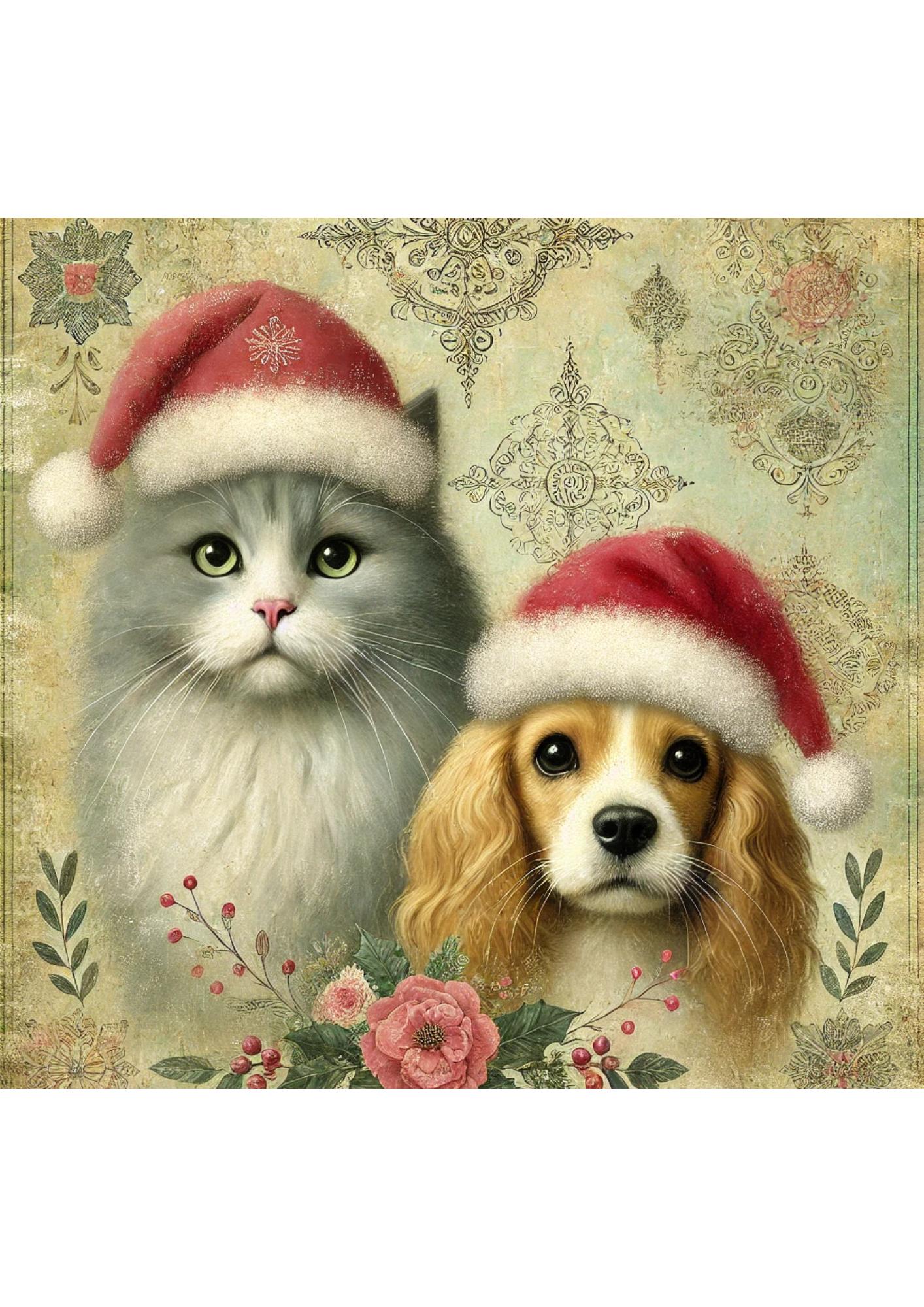 Rice Paper for Decoupage Cat and Dog in Christmas Hats Full Cat. No. 2031