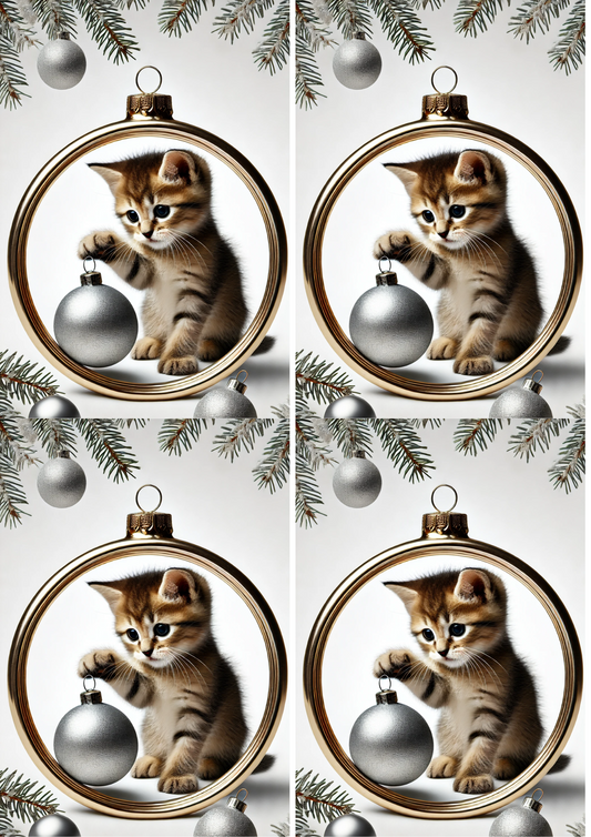 Rice Paper for Decoupage Kitten Playing With Christmas Bauble In Oval Collage Cat. No. 1530