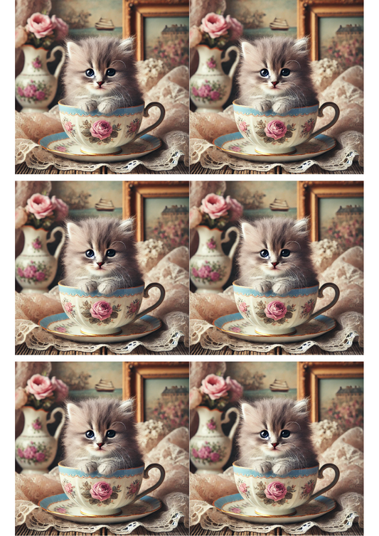 Rice Paper for Decoupage Kitten In A Cup Collage Cat. No. 2034