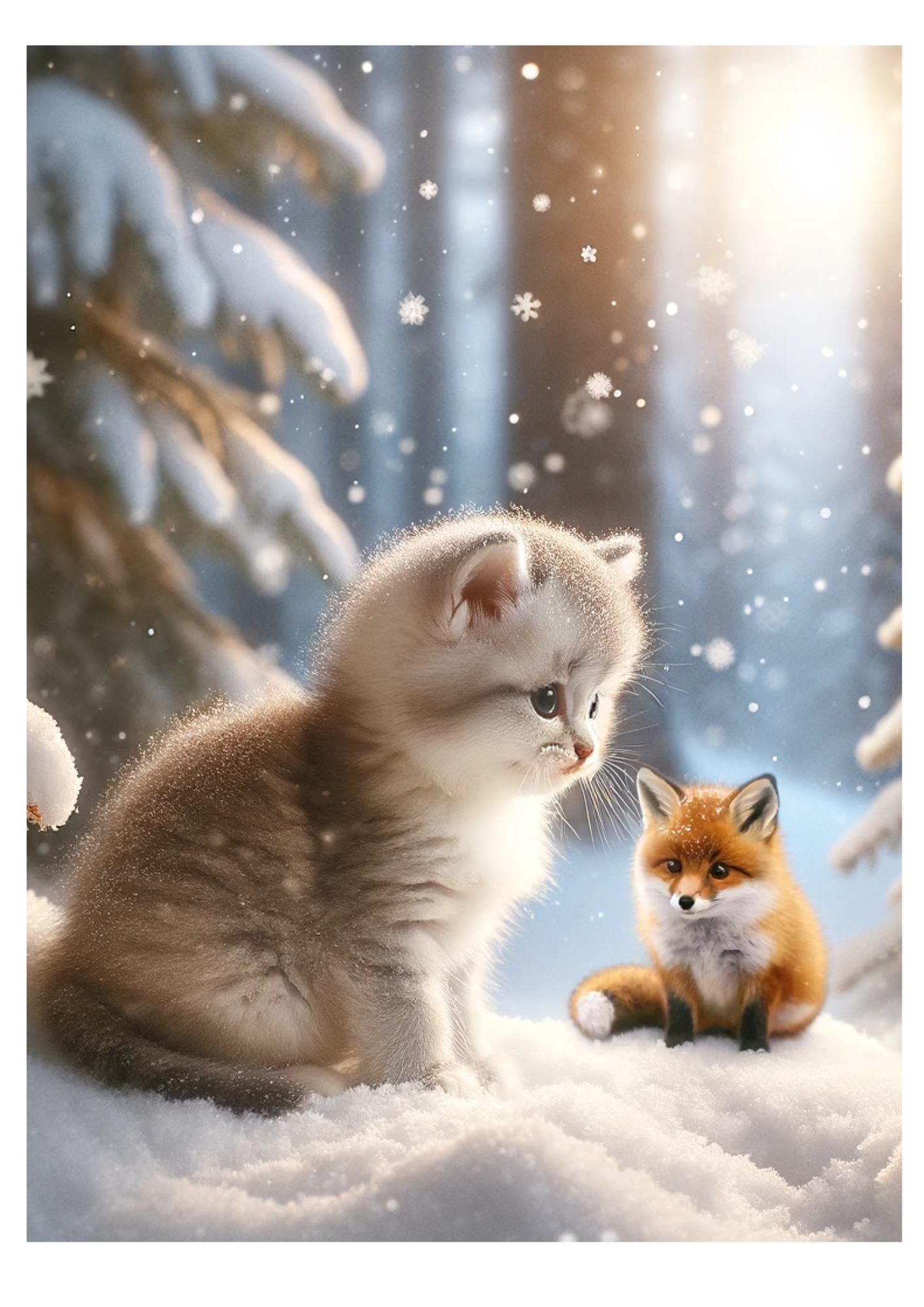 Rice Paper For Decoupage Kitten and Fox In Winter Full Cat No. 768