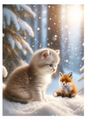 Rice Paper For Decoupage Kitten and Fox In Winter Full Cat No. 768