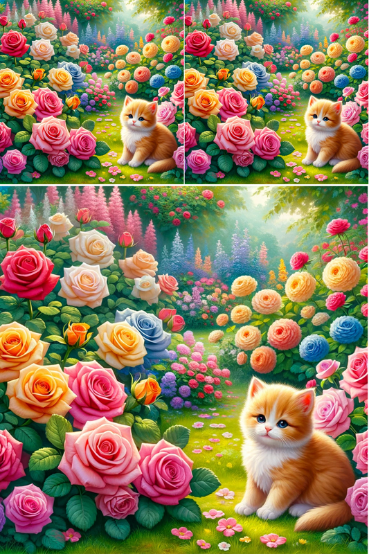 Collage de gatito en el jardín de rosas con papel de arroz para decoupage, n.º de cat. 613