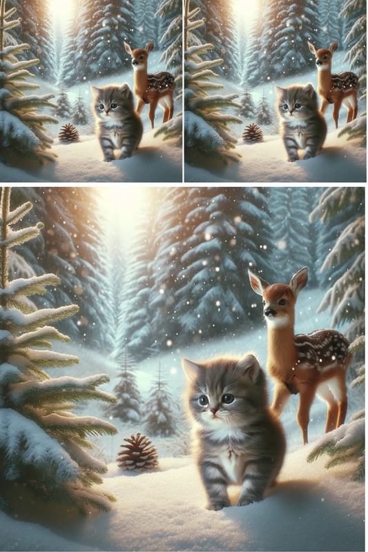 Rice paper for decoupage Kitten and Deer in Winter Collage Cat. No. 615