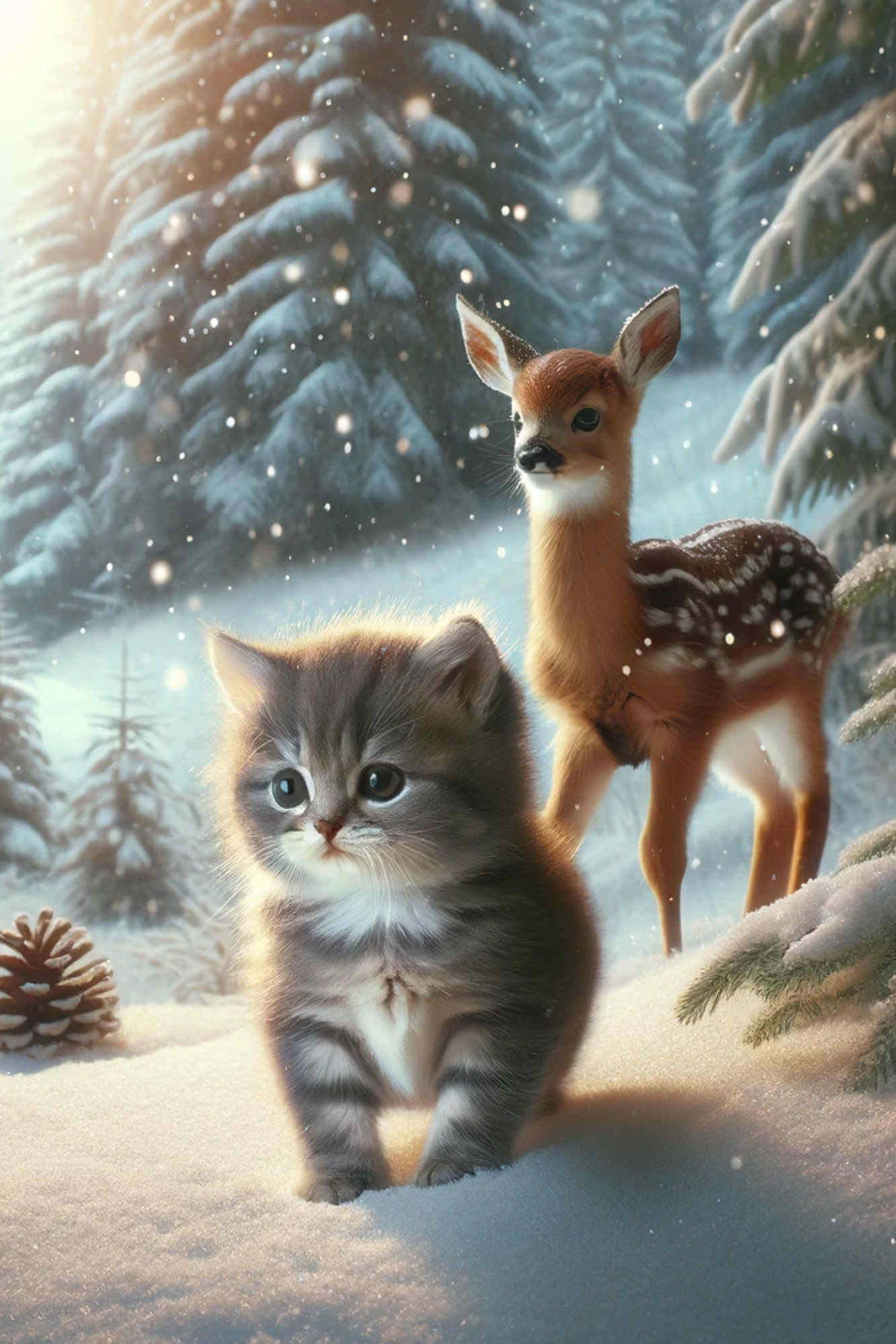 Rice paper for decoupage Kitten and Deer in Winter, full, Cat. No. 616